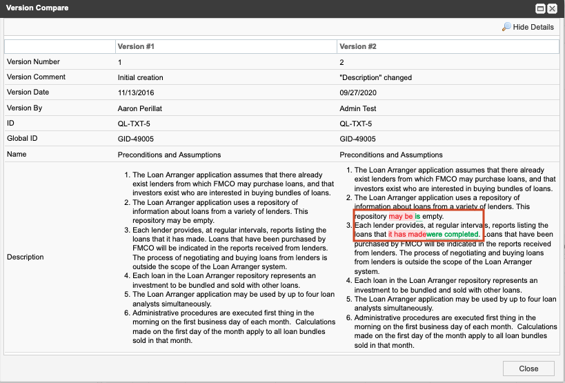 Changes in content between versions are displayed by color: red is removed content and green is added content.