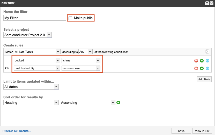 Use filters to manage how locked items are displayed in results.