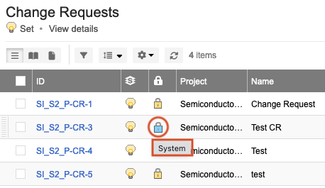 Blue lock icon indicate items locked by the system during workflow.