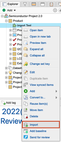 Open Data Import Wizard to import new items from Explorer Tree.