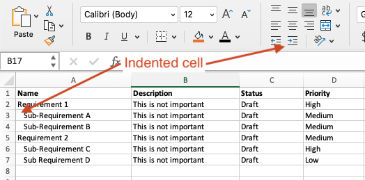 Example Excel worksheet shows indentation to indicate hierarchy.