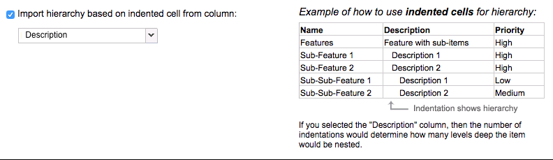 Example Data Import Wizard option to import hierarchy by indentation.