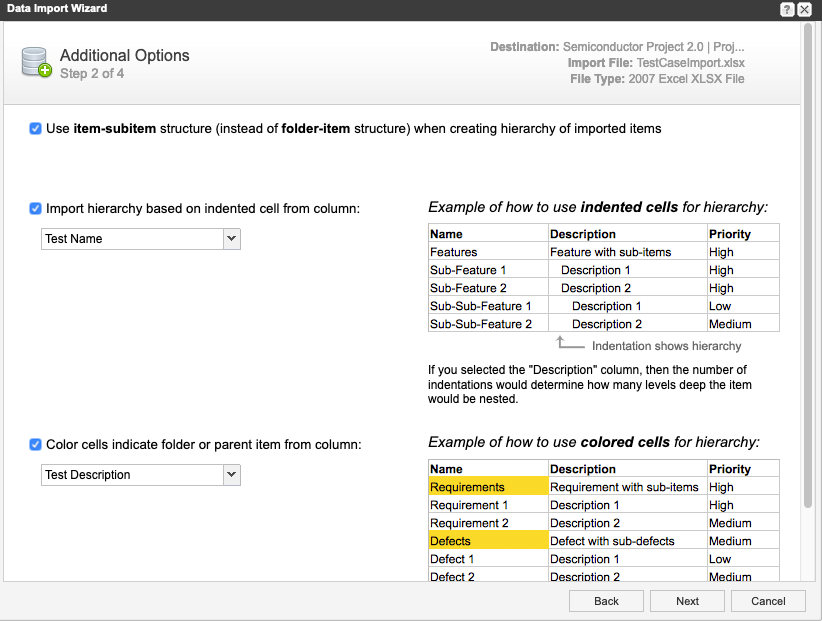 Data Import Wizard options for creating hierarchy on import.