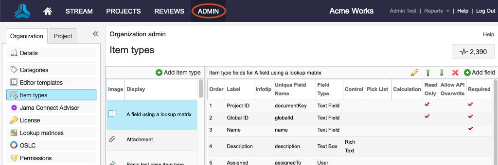 Select Admin > Organization > Item types.