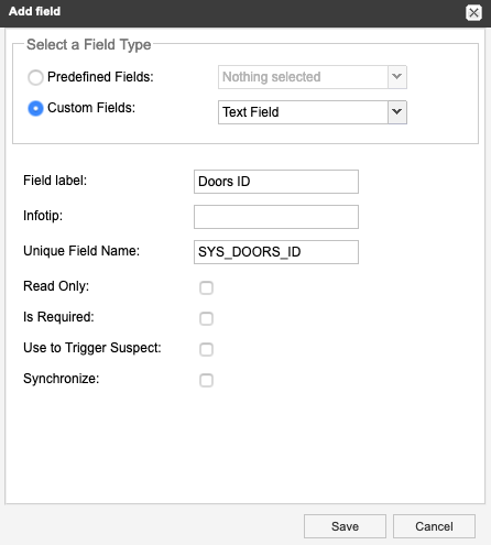 Options for the Add field window.