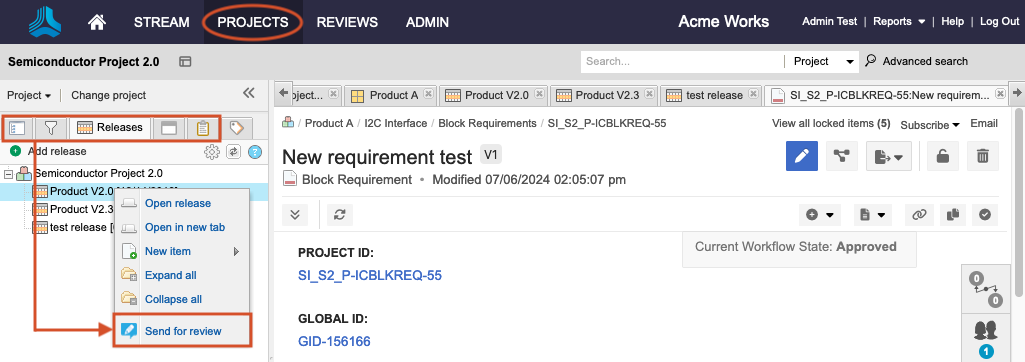 Select Projects > icon on Project toolbar, select items to include, then select Send for review.