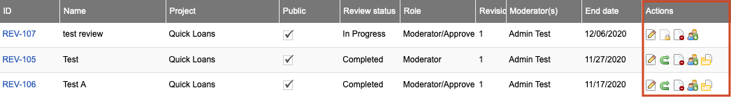 In Reviews > Table View, the Actions column displays icons for all actions you can take.