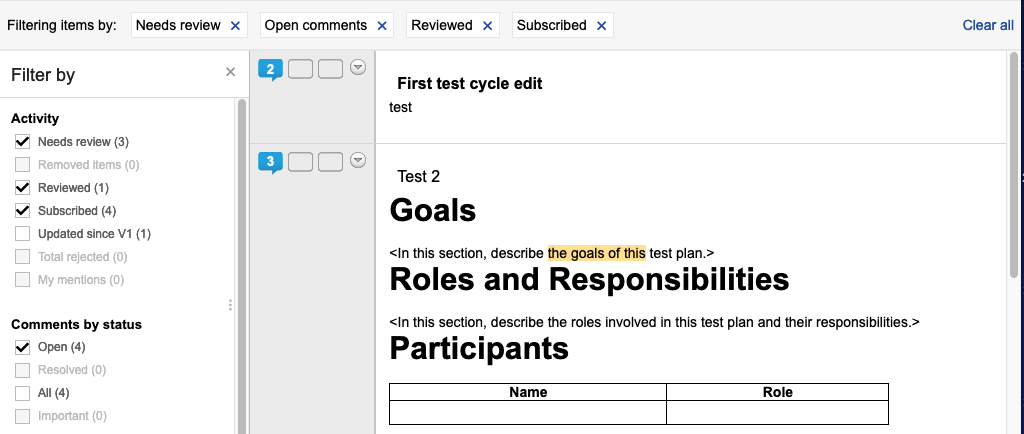 Filter results to find comments by status, version, author, or activity.