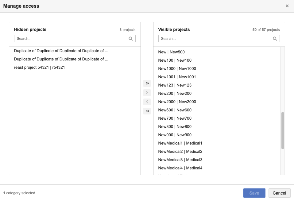 Move projects you want to be visible from the Hidden column to the Visible column.