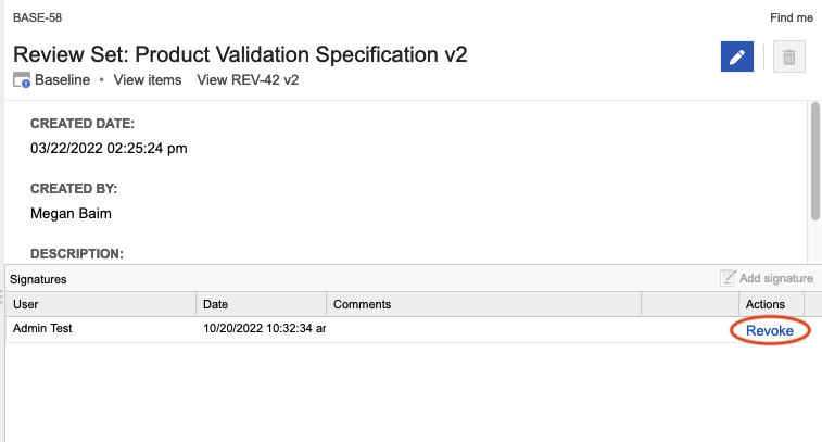 The Revoke button lets you cancel your electronic signature for a baseline.