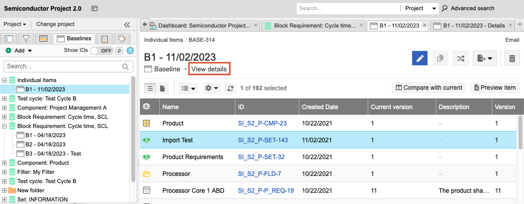 In the Baselines tab of the Explorer Tree, select a baseline then select View details in the center panel.