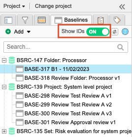 Show IDs option is toggled on and IDs are visible in the baseline tree.