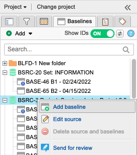 Baselines tab shows a selected baseline with the submenu option Add baseline selected.