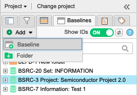 Baselines Explorer Tree shows a selected baseline and the Add > Baseline option selected.