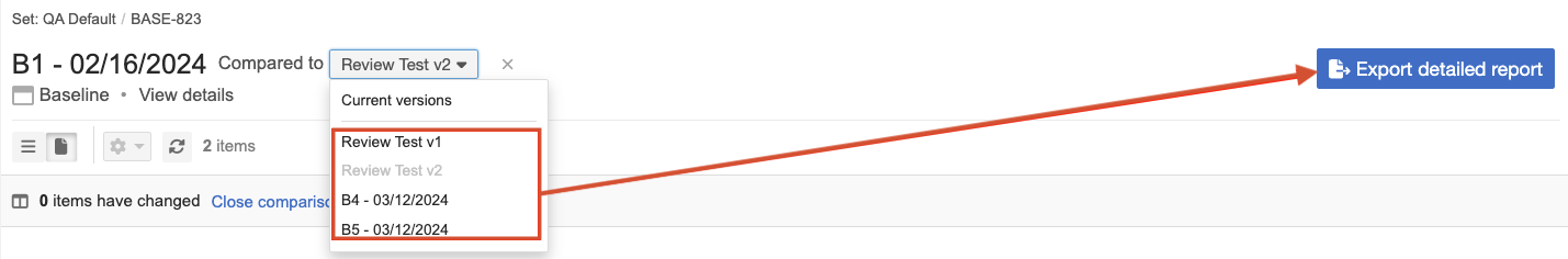 Two baselines are selected for comparison and the Export detailed report button is selected.