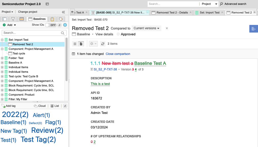 Details panel shows the comparison between two versions of a baseline, with color and formatting indicating changes.