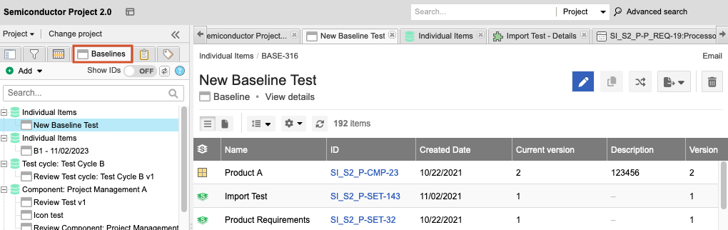 The Baselines tab is selected in the Explorer Tree and a baseline is selected from the list.