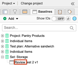 Baseline tab lists a baseline name starting with "Review" to indicate it was generated automatically for a review.