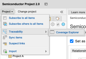 Explorer Tree shows the Project menu with Traceability > Coverage Explorer options selected.