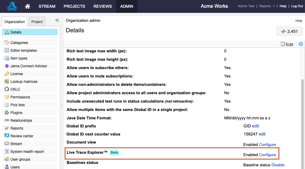 The Details panel shows Live Trace Explorer selected and its status is Enabled.