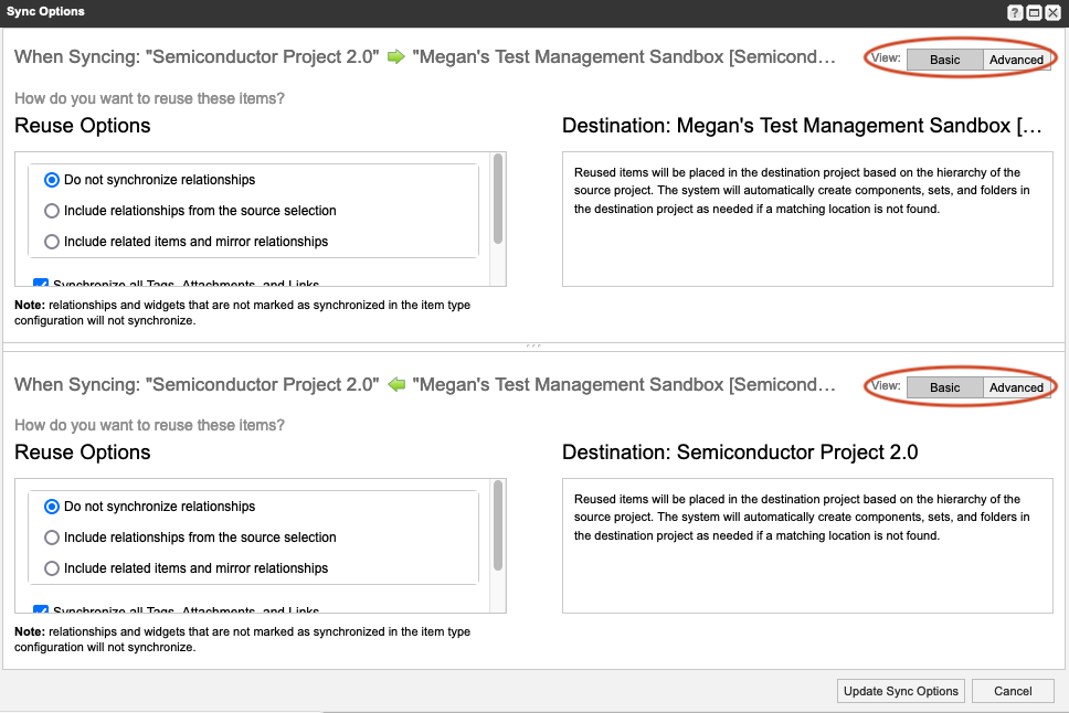 The Sync Options window shows two sections that compare reused items and containers; each section has the Basic tab highlighted.