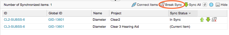 In the Synchronized items table, the Break Sync action is highlighted in the toolbar.