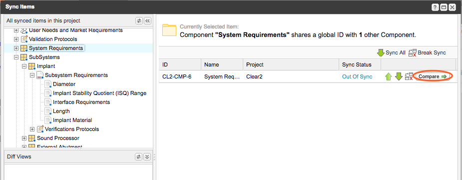 Sync Items window displays a list of synchronized items and the Compare action is highlighted.