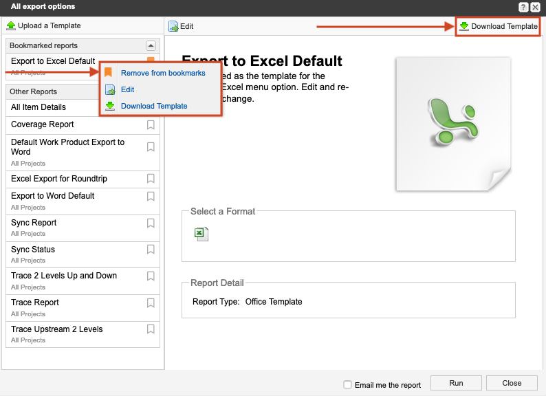 The All export options windows shows Export to Excel Default template is selected and the submenu lists the available actions.