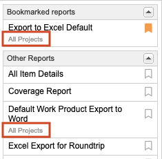 In the Bookmarked reports menu, All Projects is highlighted under the names of two reports.