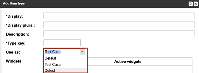 In the Add item type window The Test Case drop-down menu is highlighted.