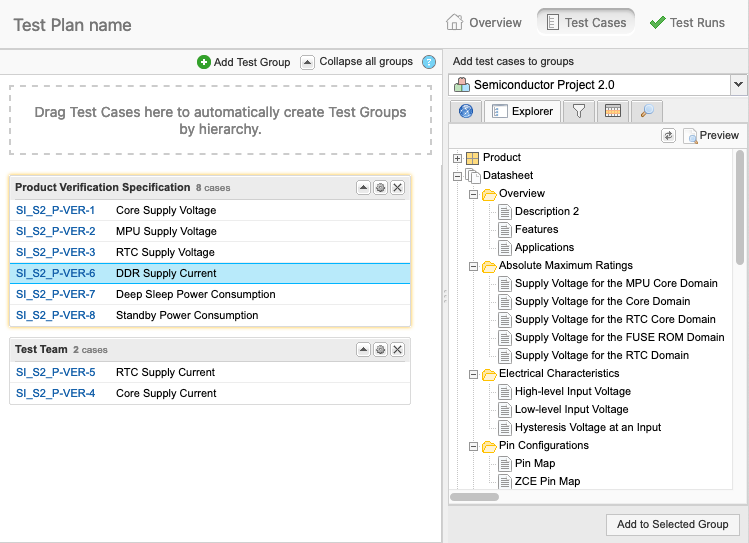 The UI shows a selected test case in a list of available test cases.