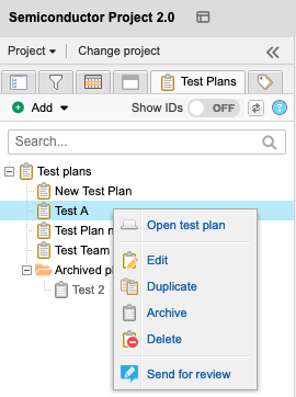 The Explorer Tree shows a selected test plan and the drop-down menu options.