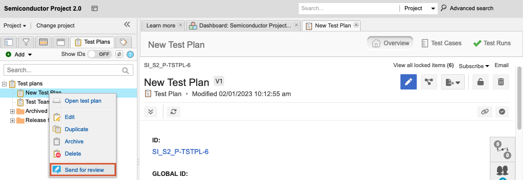 The Explorer Tree shows a selected test plan and the drop-down menu option that is selected is Send for review.