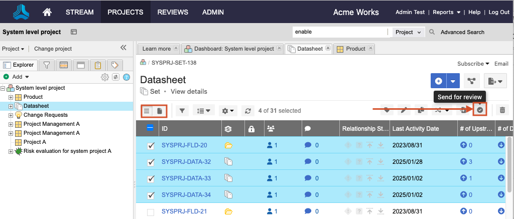 Select Projects > Explorer Tree, select items to include, then select Send for review.