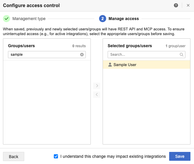 The Manage access page of the Configure access control wizard shows that the option to select before saving the configuration.
