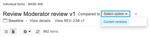 In the details panel, the Select optioon drop-down menu lists the versions to compare.