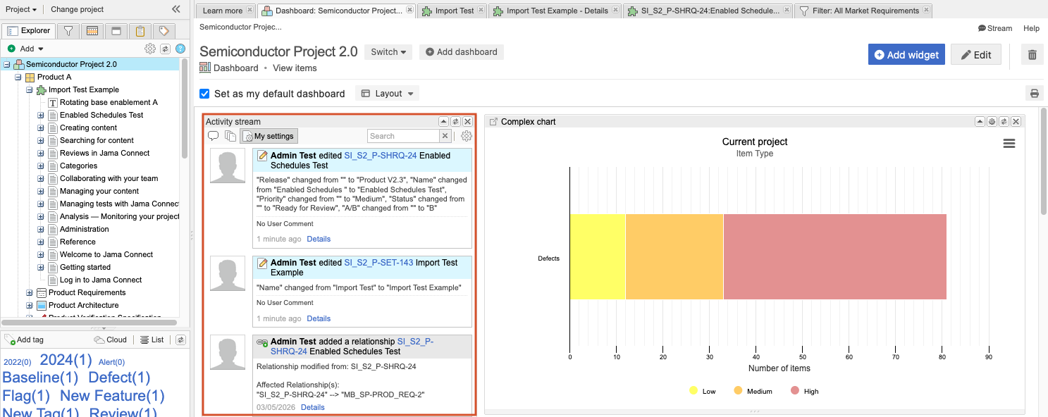 Example project activity stream UI.
