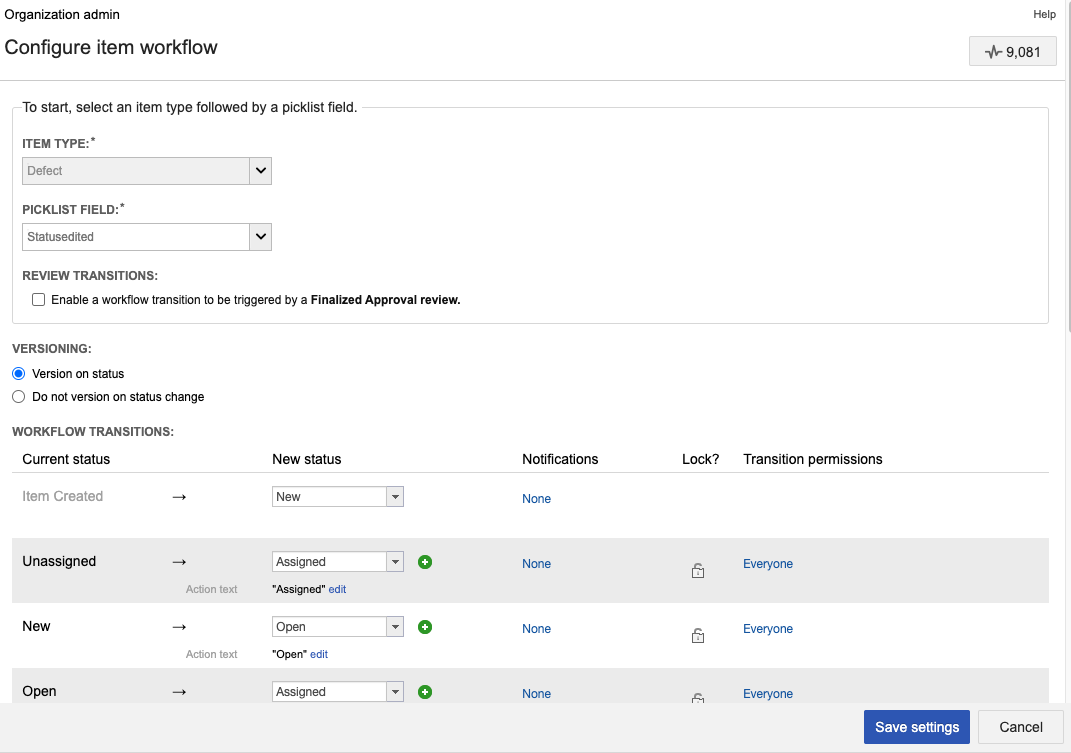 Configure workflow status transitions by selecting an item type and its fields from the picklist drop-down list.