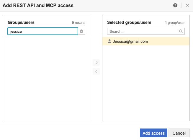 The Add REST API access window shows that the Add Access button is selected.