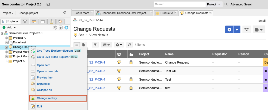 The Change set key option is selected in the drop-down menu for the selected project item.