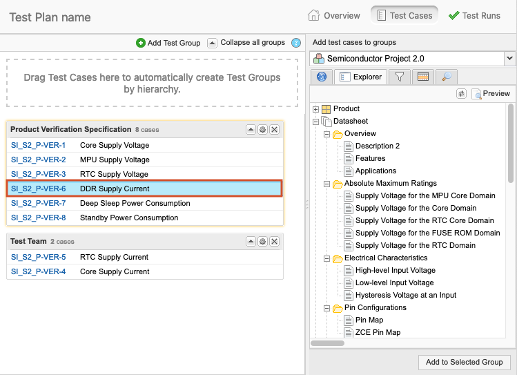The UI shows a selected test case in a list of available test cases.