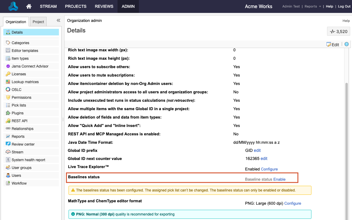 The Admin Details page shows that the Baselines status option is highlighted.