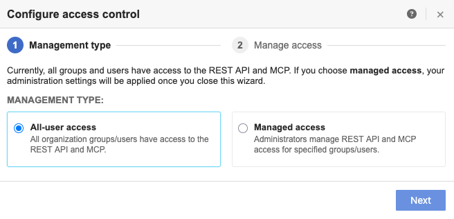 The Configure access control wizard includes options for Management type: All-user access and Managed access.