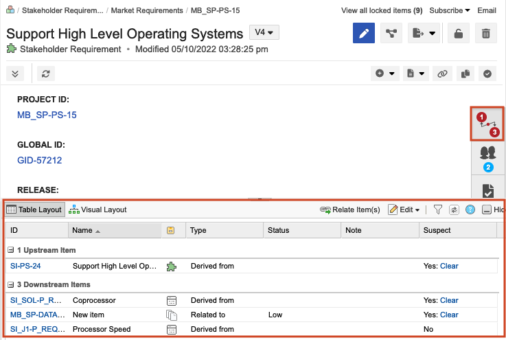 In Single Item View, status and notes are visible in the bottom panel of the Relationships page.