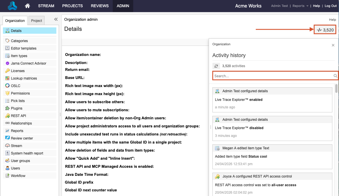 Admin Activity Stream shows that the Activity Stream button and Search field are highlighted.