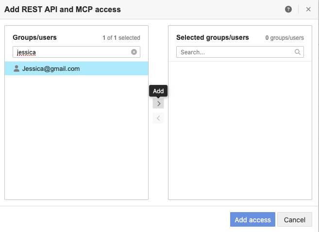 The Add REST API access window displays two columns: Groups/users that can be added and Selected groups/users that have been added.
