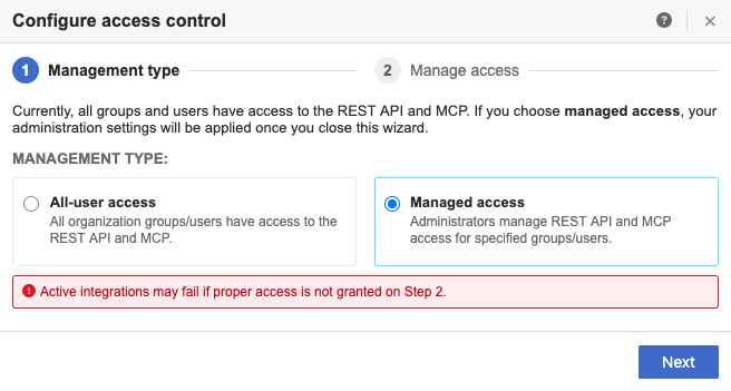 The Configure access control wizard shows Managed access as the selected Management type.