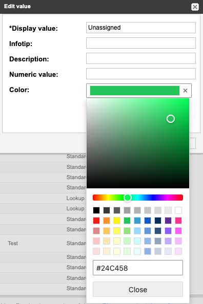 The Edit value window shows an example field values with green as the selected color.