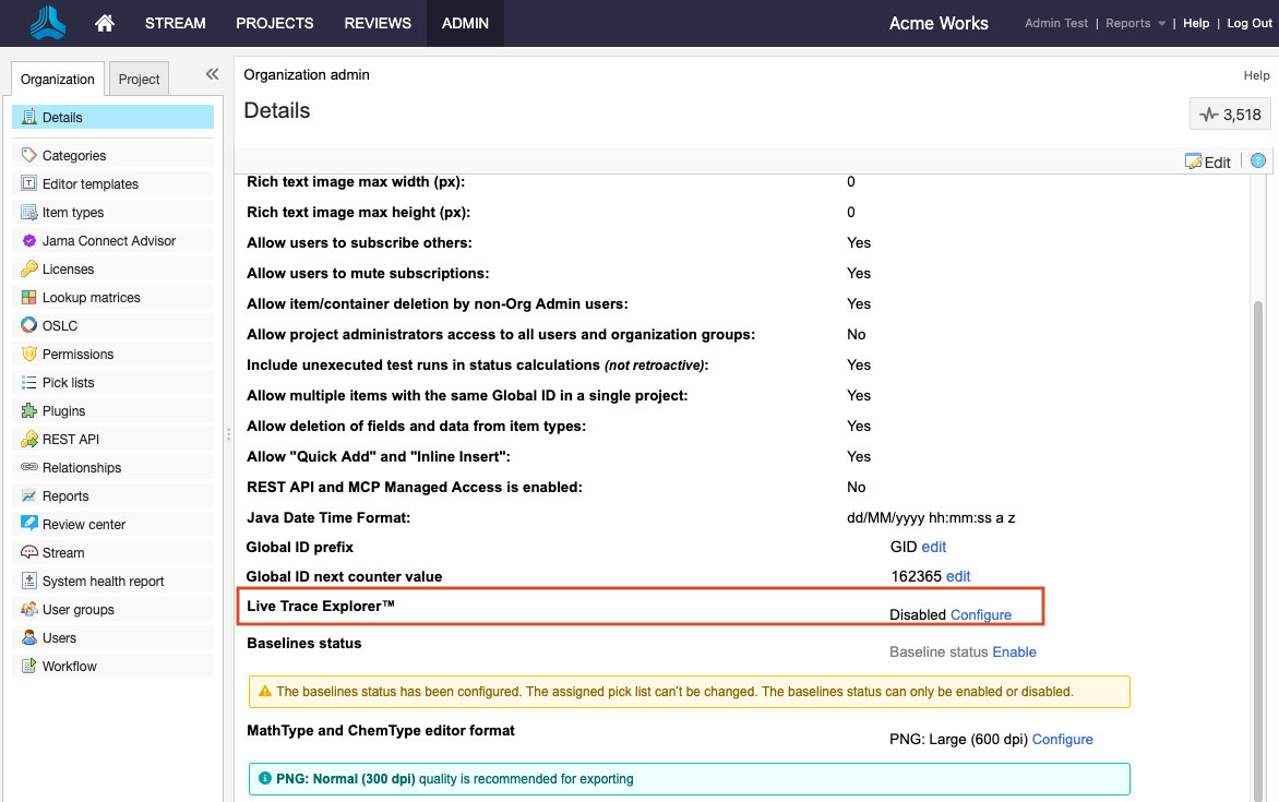 The Details panel shows Live Trace Explorer selected, its status is Disabled, and the Configure option available.