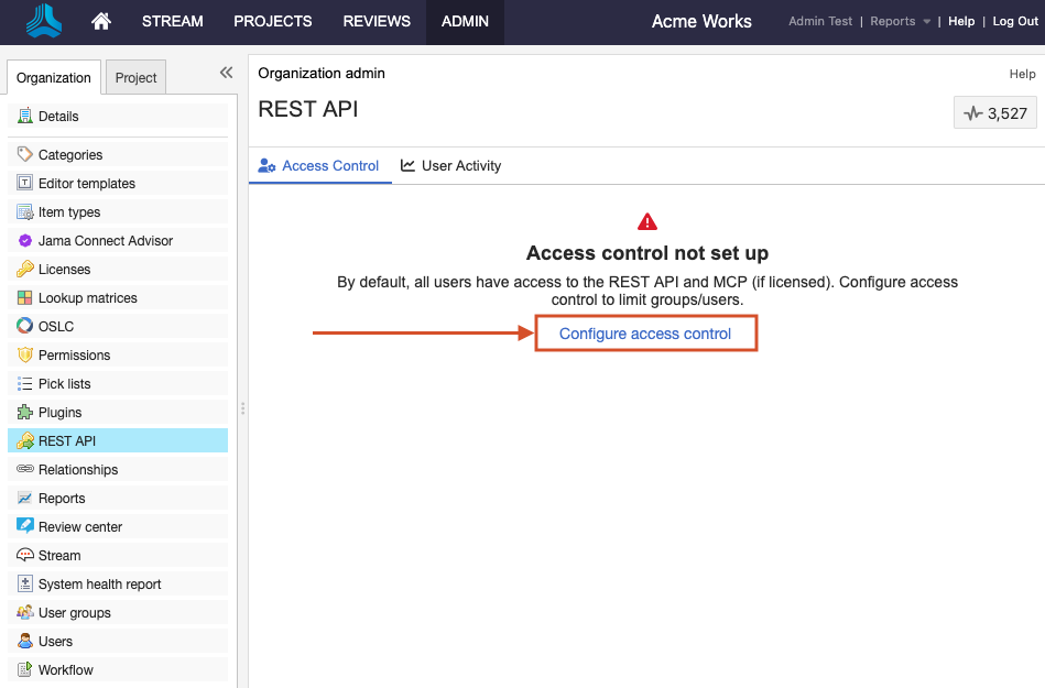 The REST API screen displays the link Configure access control.
